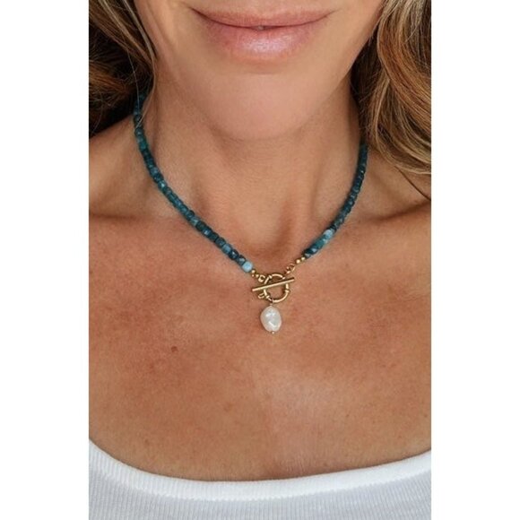 Blue Apatite Gemstone Necklace Gold Toggle Clasp Removable Baroque Pearl - Picture 5 of 12